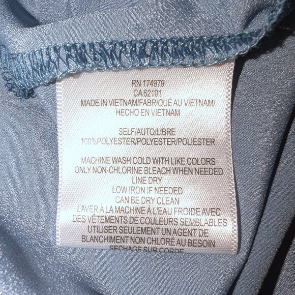 BCBGMAZAZRIA | Satin Blue Long Sleeve Ruffle Shoulder Keyhole Blouse | Medium - Picture 8 of 12